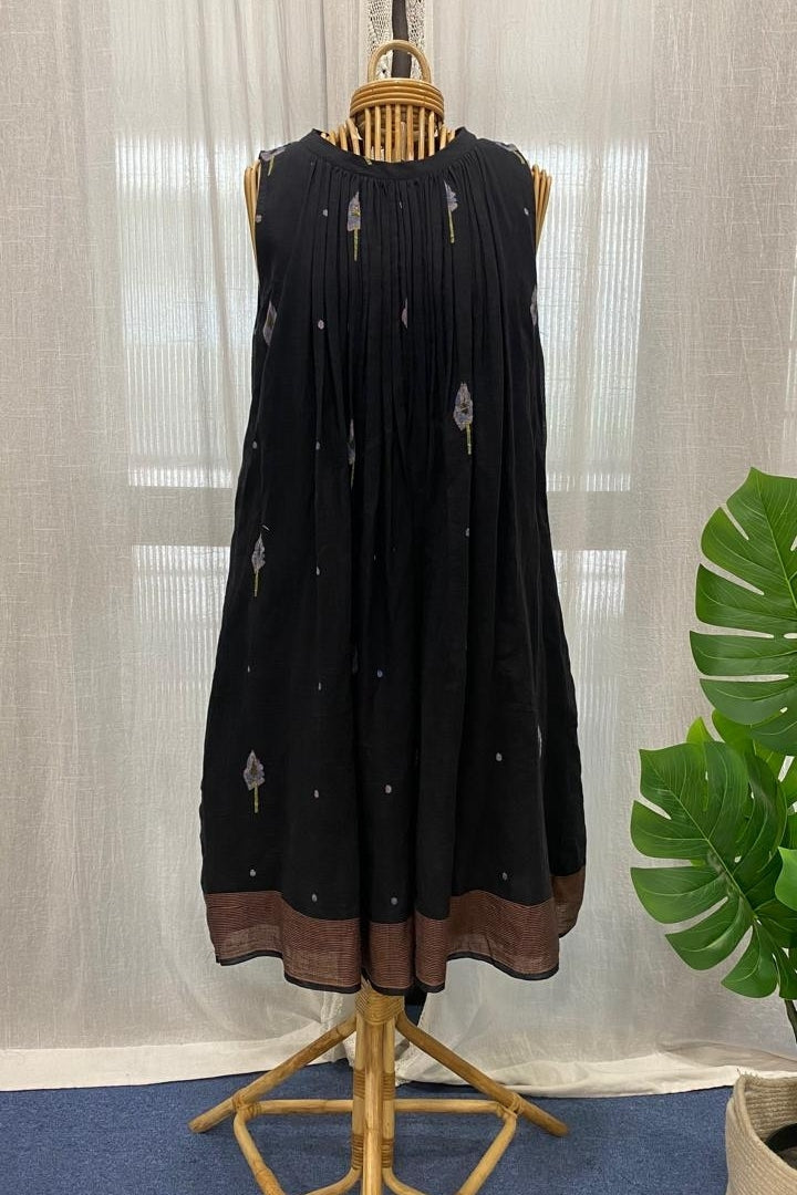 Handwoven Black Muslin Jamdani Dress with Flower Buttis