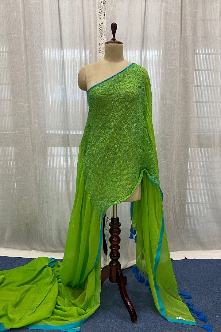 Green Smocking Muslin Saree with Blue Border