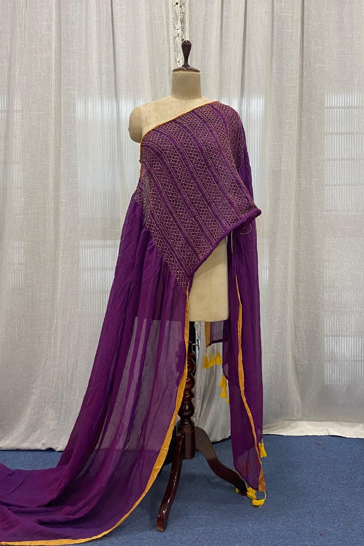 Purple Smocking Saree with Yellow Border