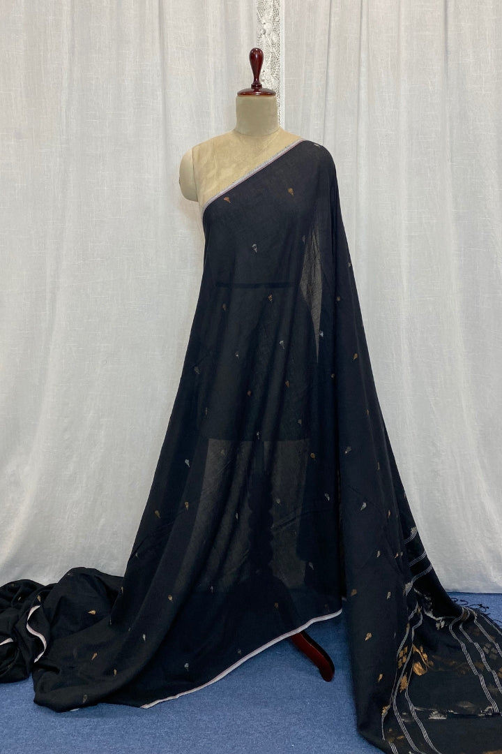 Black Muslin Jamdani Saree with Zari Buttis