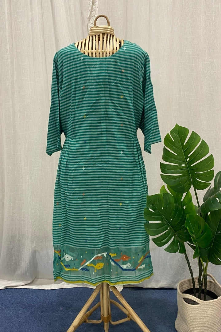 Seafoam Green Muslin Jamdani Dress with Side Frills