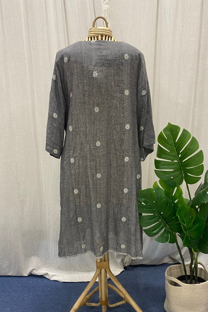 Grey Handwoven Muslin Jamdani Dress
