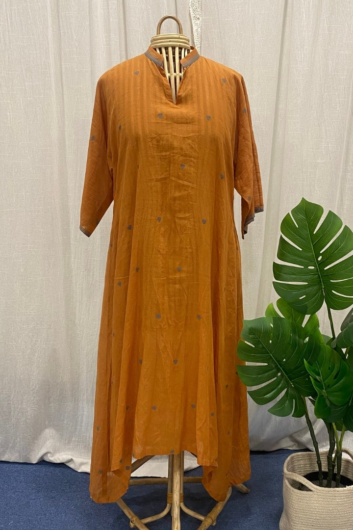 Brown Muslin Jamdani Dress with Heart Buttis