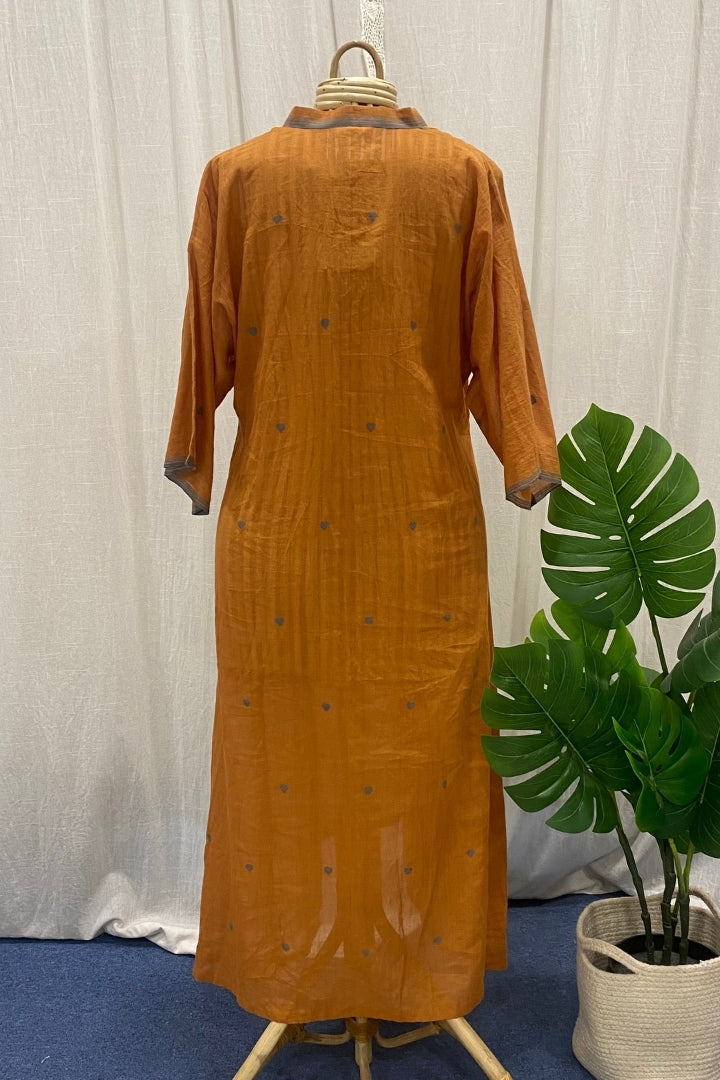 Brown Muslin Jamdani Dress with Heart Buttis