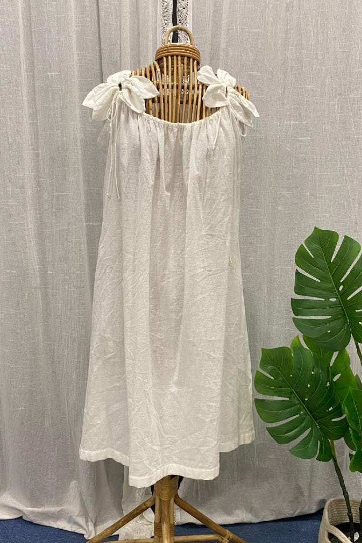 White Handspun Khadi Dress with Shoulder Flower Tie Details
