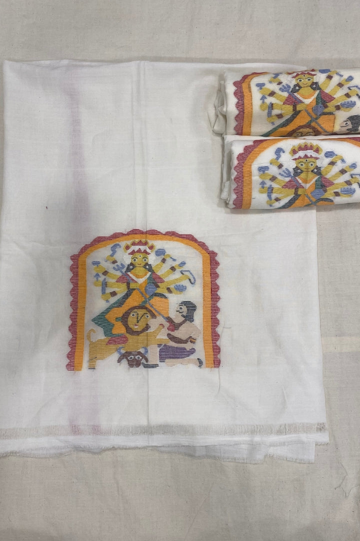 White Durgamata Jamdani Fabric
