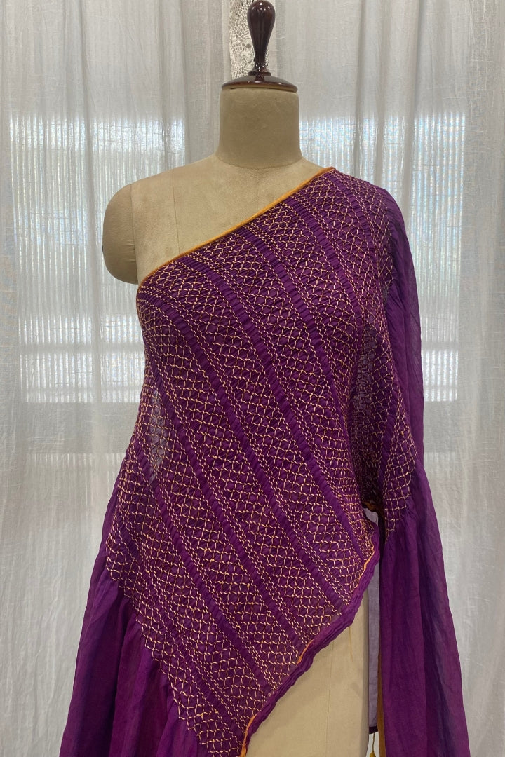 Purple Smocking Saree with Yellow Border