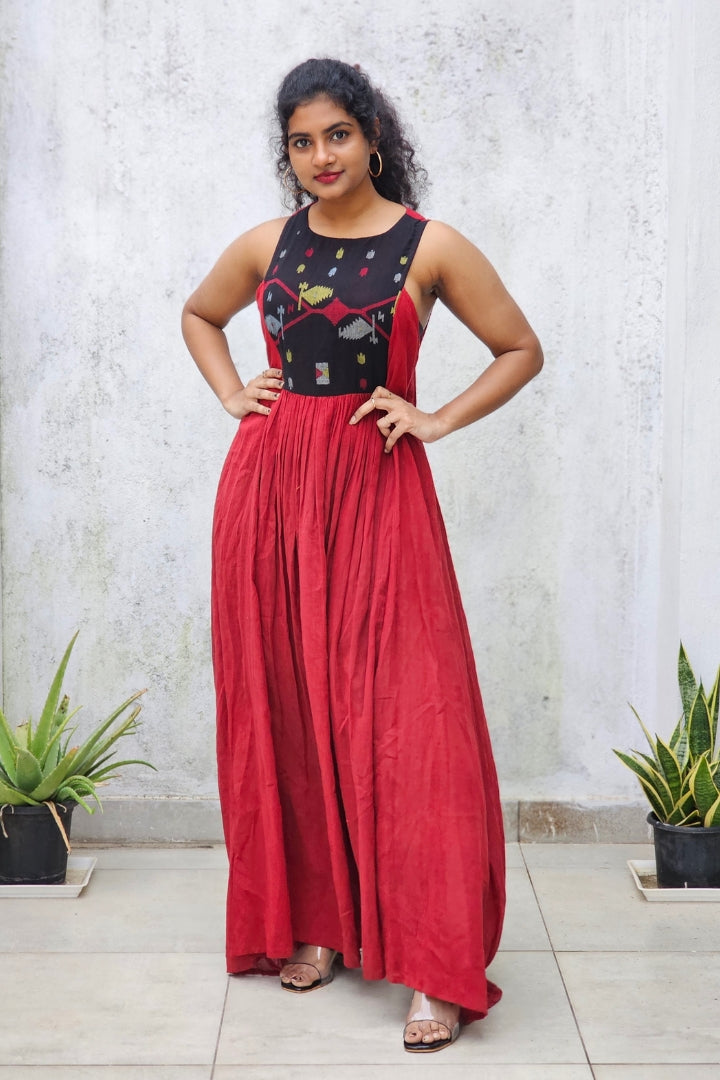 Black and Red Handwoven Jamdani Maxi Dress