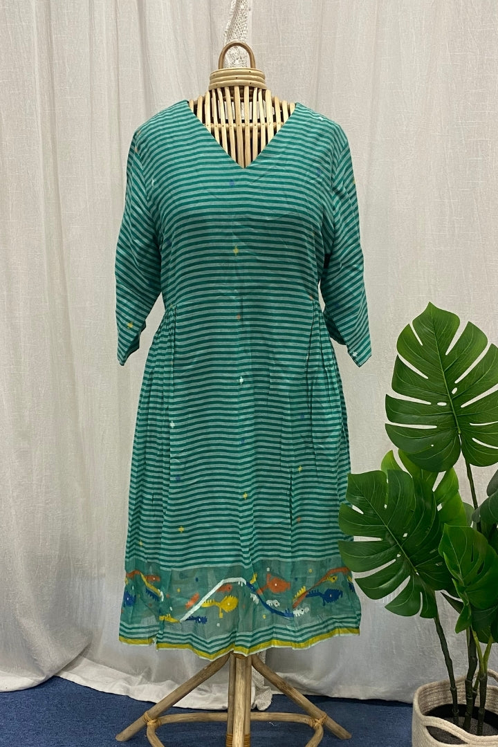 Seafoam Green Muslin Jamdani Dress with Side Frills