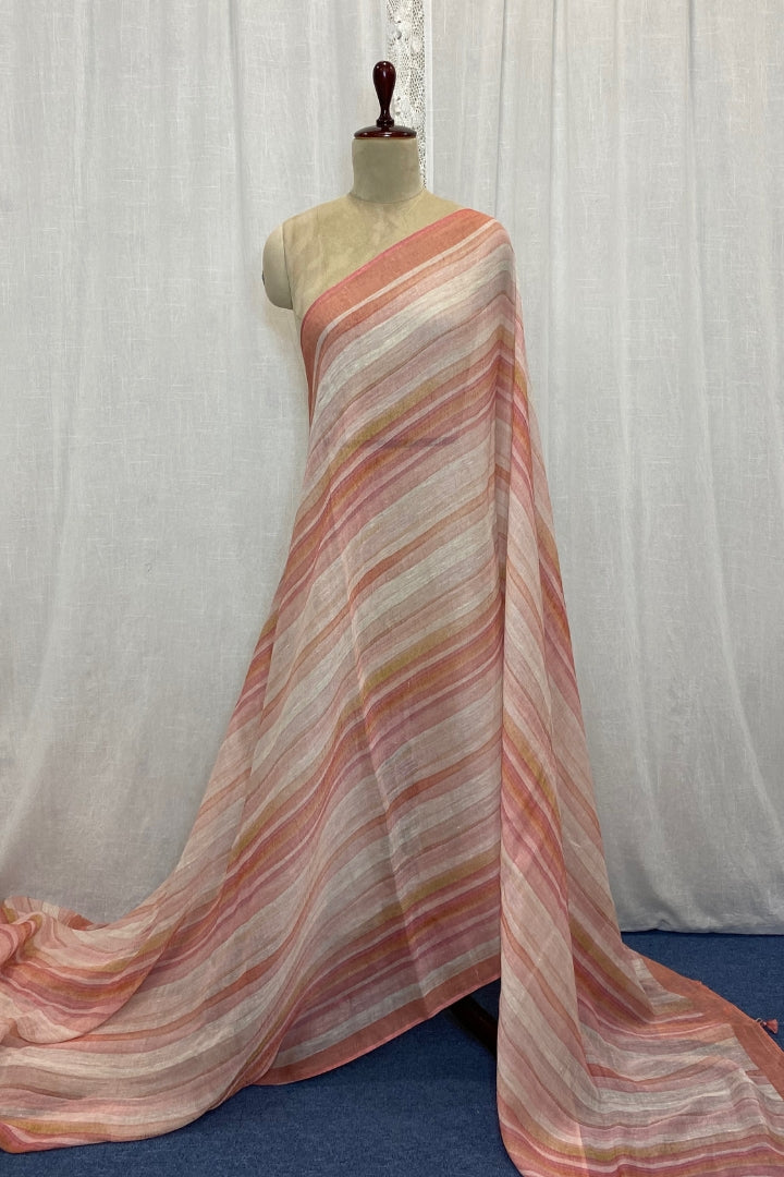 Ivory Handwoven Linen Saree with Stripes