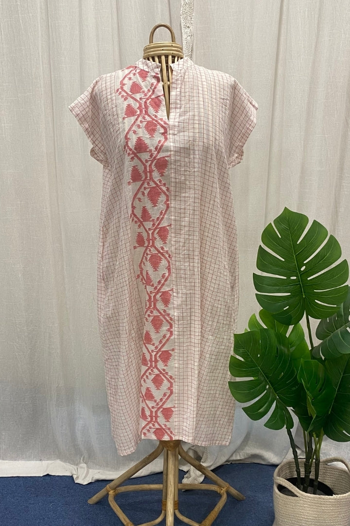 White Handwoven Muslin Jamdani Long Shirt Dress