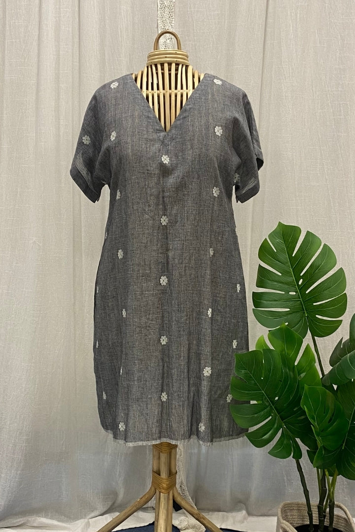 Grey Muslin Jamdani V-Neck Dress