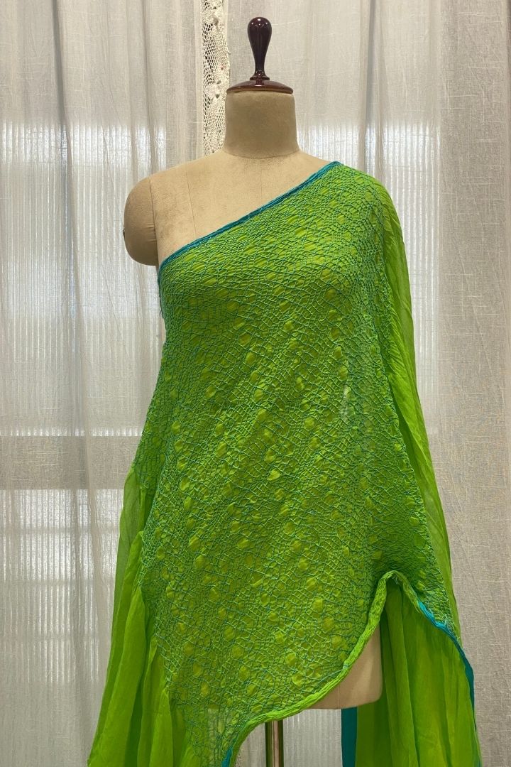 Green Smocking Muslin Saree with Blue Border