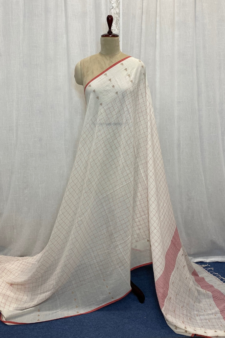 White Jamdani Saree with Subtle Red Checks
