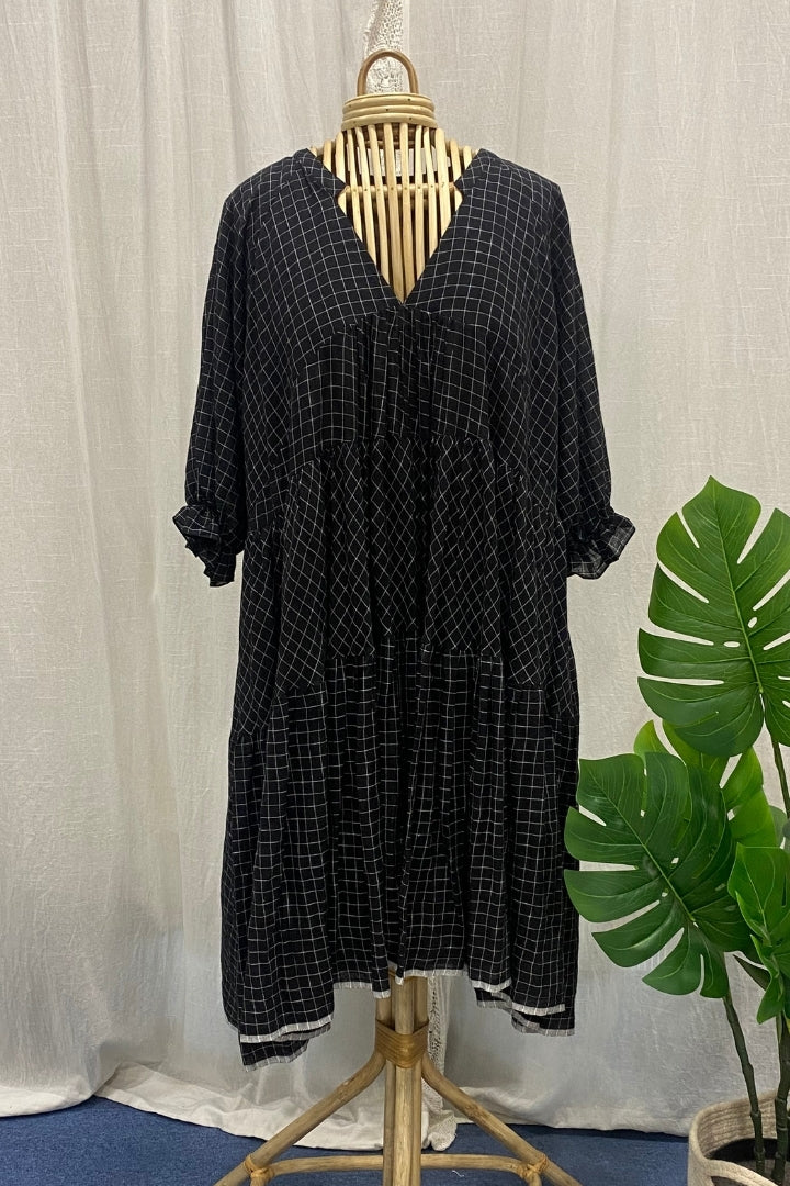 Black Handwoven Muslin Checkered Dress