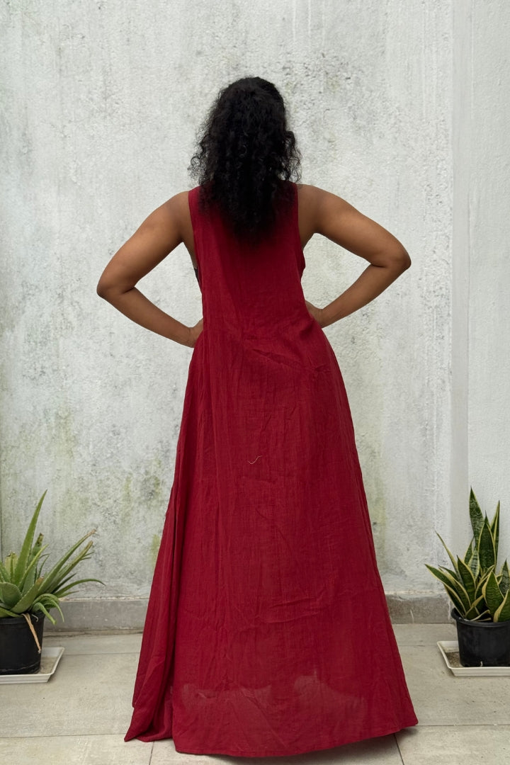 Black and Red Handwoven Jamdani Maxi Dress