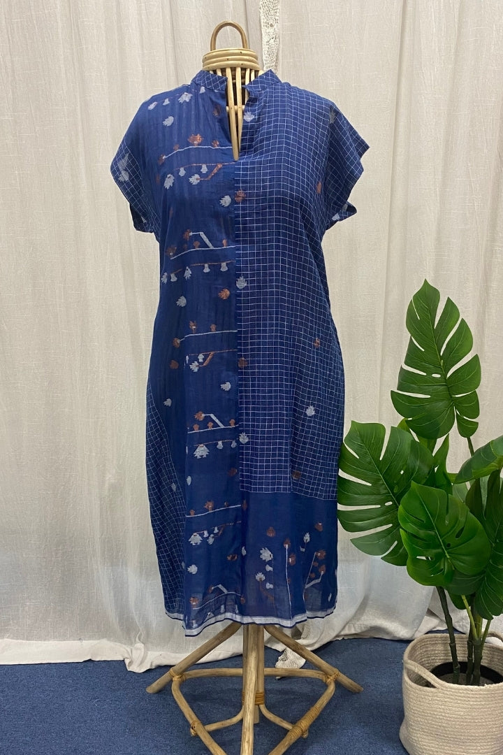 Royal Blue Handwoven Muslin Jamdani Long Shirt Dress