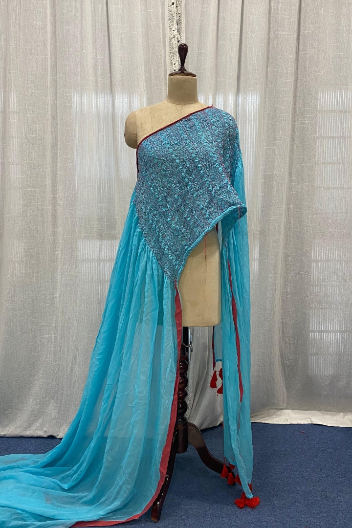 Cloudy Blue Smocking Muslin Saree with Red Border
