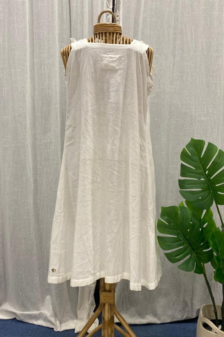 White Handspun Khadi Dress with Shoulder Flower Tie Details