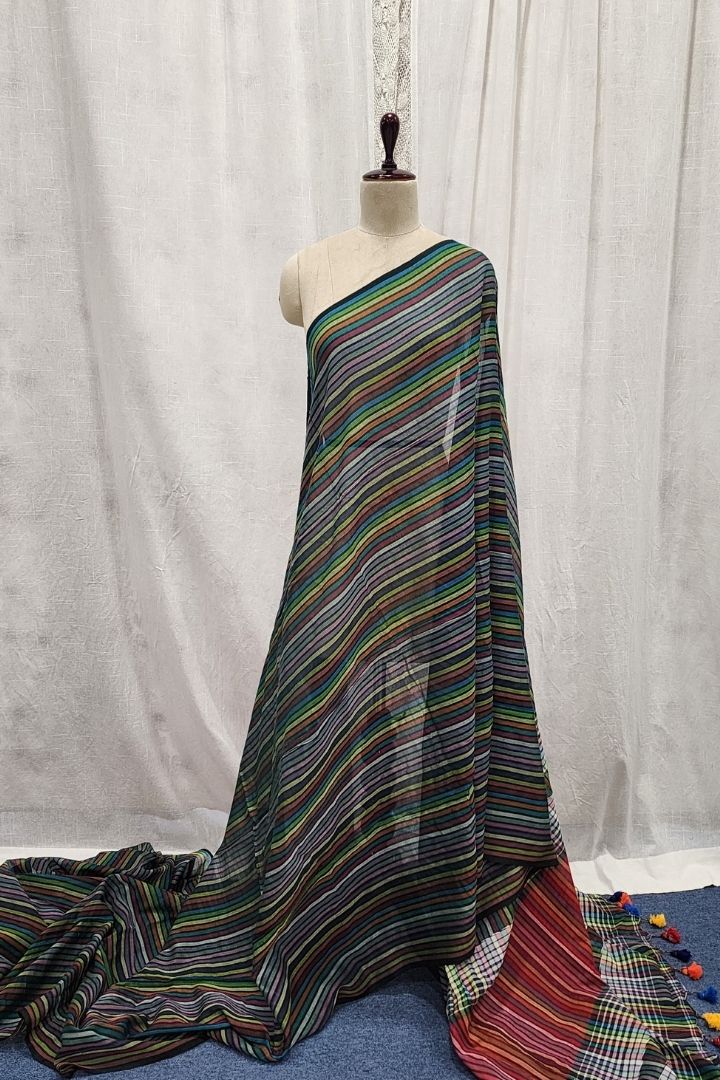 Multicolour Striped Muslin Saree with Tassels
