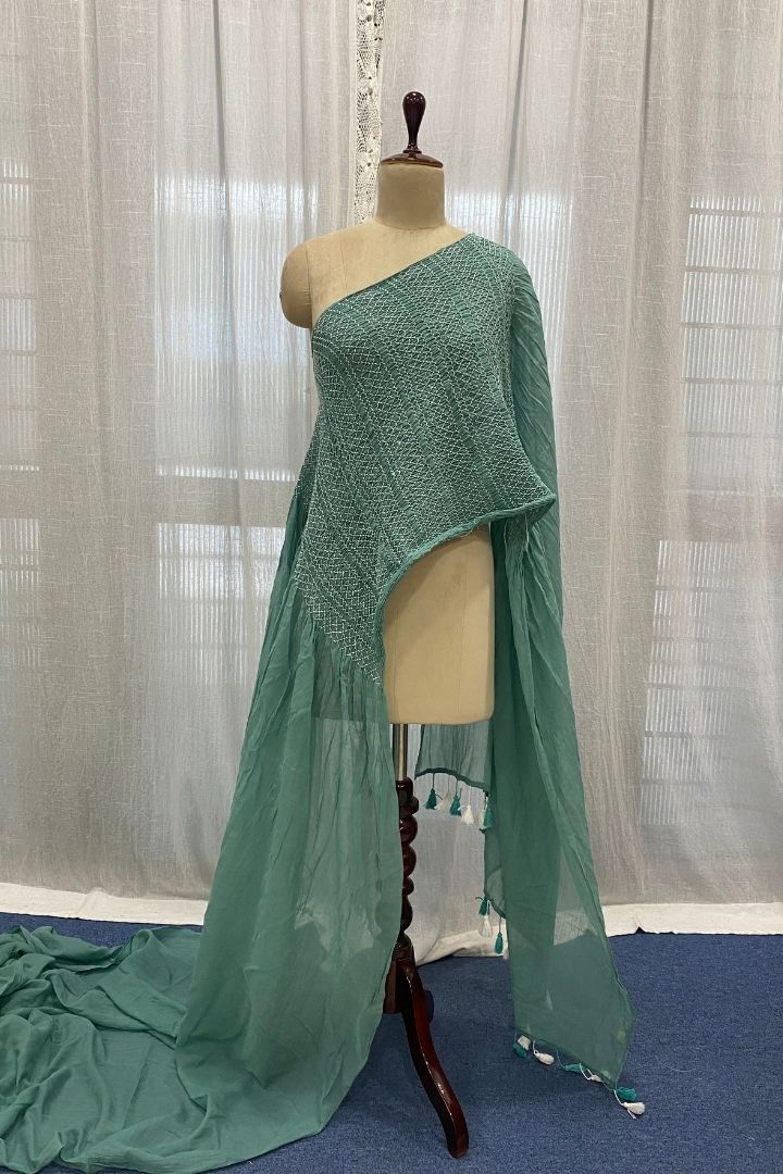 Pista Green Smocking Muslin Saree with Self Border