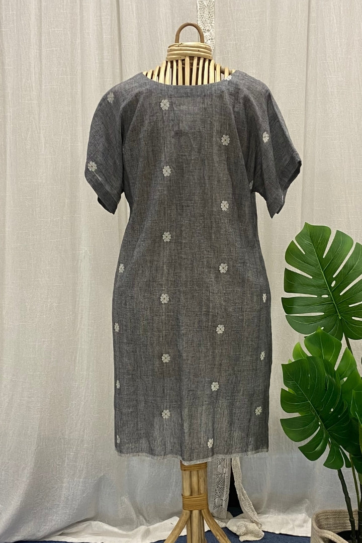 Grey Muslin Jamdani V-Neck Dress
