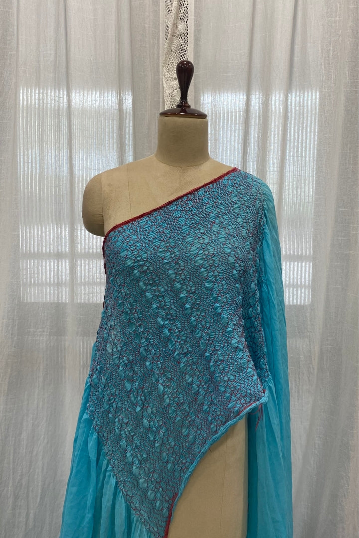 Cloudy Blue Smocking Muslin Saree with Red Border