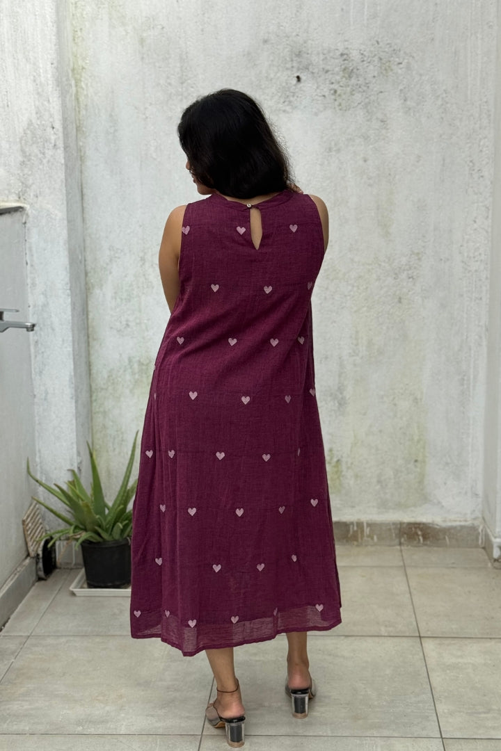 Handwoven Purple Muslin Jamdani Dress with White Heart Buttis