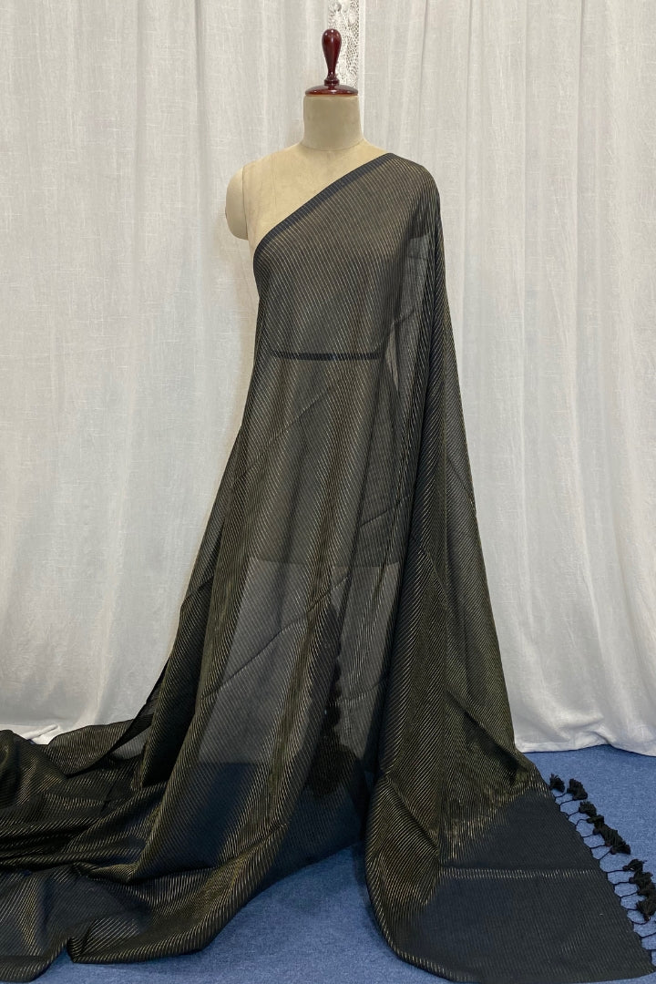 Black Muslin Saree with Golden Stripes