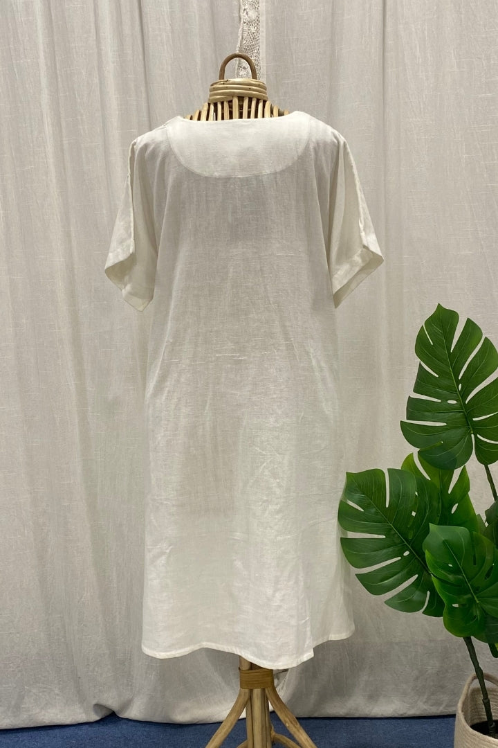 White Handspun Khadi Dress with Contrast Blue Jamdani Pocket Detail