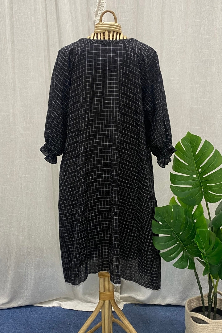 Black Handwoven Muslin Checkered Dress