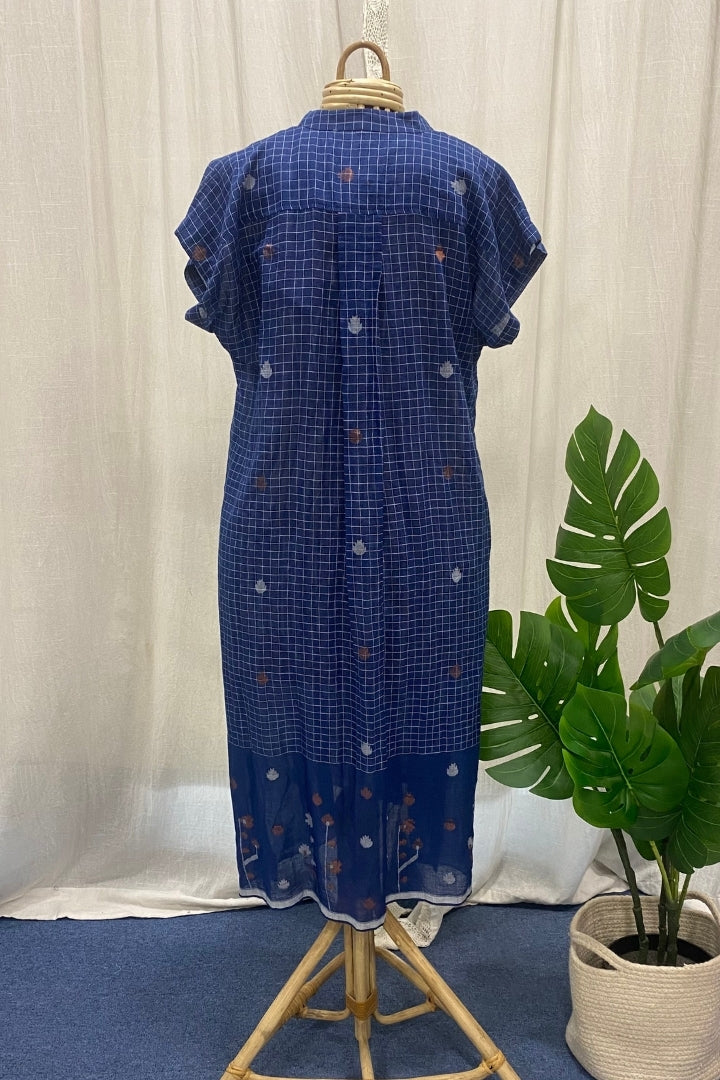 Royal Blue Handwoven Muslin Jamdani Long Shirt Dress
