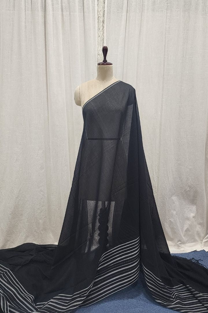 Black Muslin Saree with Striped Border