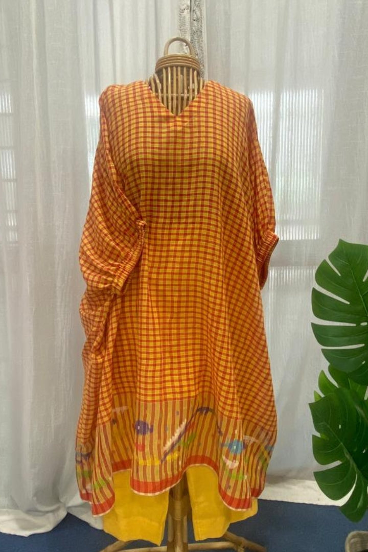Yellow-Red Checked Muslin Jamdani Co-ord Set
