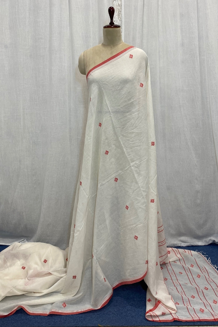 White Jamdani Saree with Red Butis