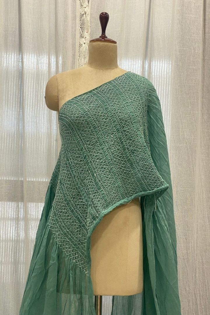Pista Green Smocking Muslin Saree with Self Border