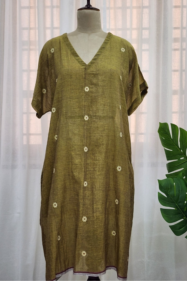 Mustard boxy V neck Jamdani dress