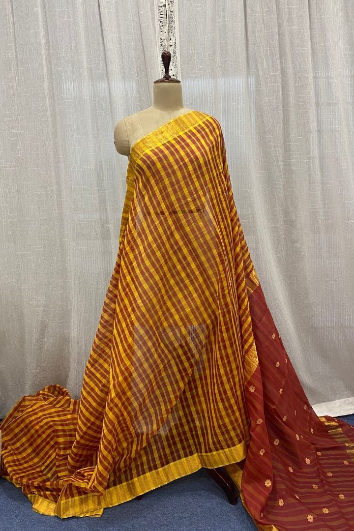 Yellow Maroon Checked Cotton Silk with Nizam Border Saree