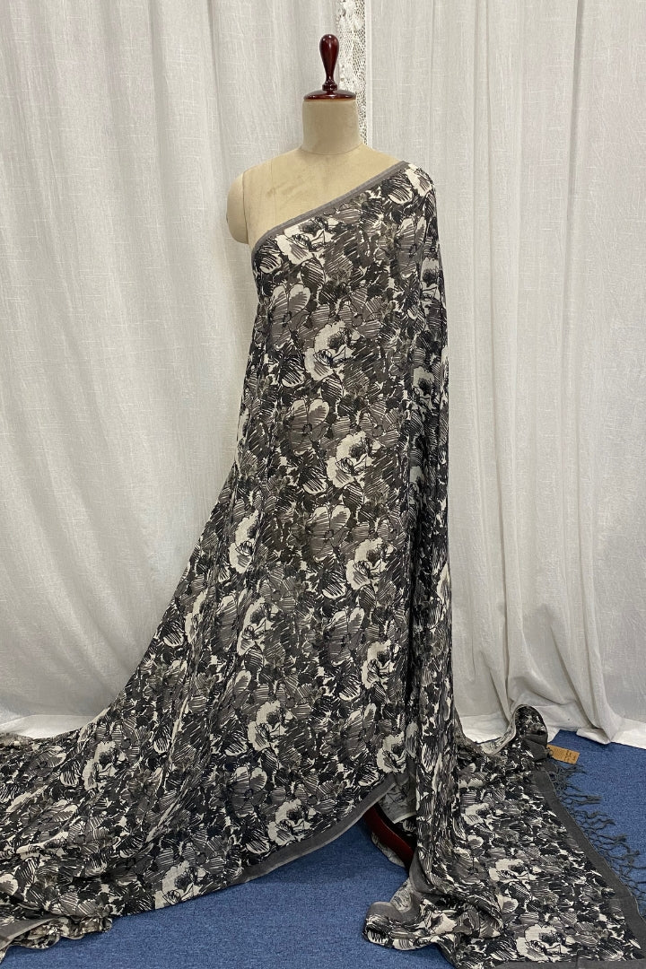 Black and Grey Floral Linen Saree