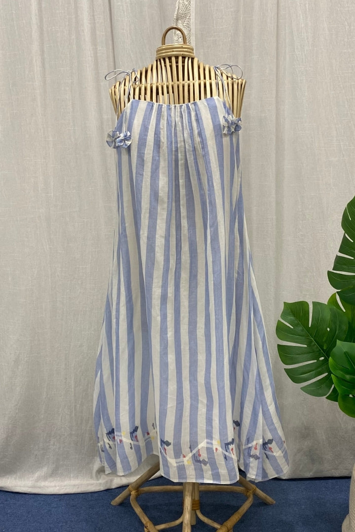White and Blue Jamdani Dress with Border and Shoulder Tie Straps