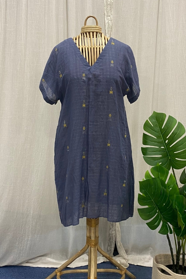 Grey Handwoven Muslin Jamdani V-Neck Dress