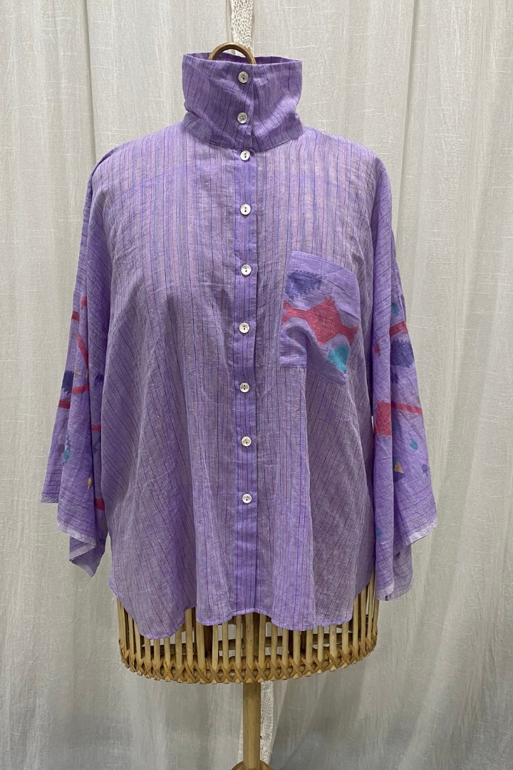 Lavender Striped Handwoven Muslin Jamdani Shirt with High Collar