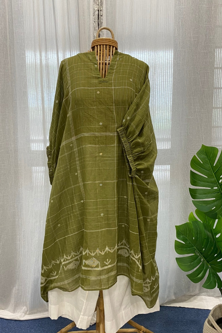 Olive Green-White Checked Muslin Jamdani Co-ord Set