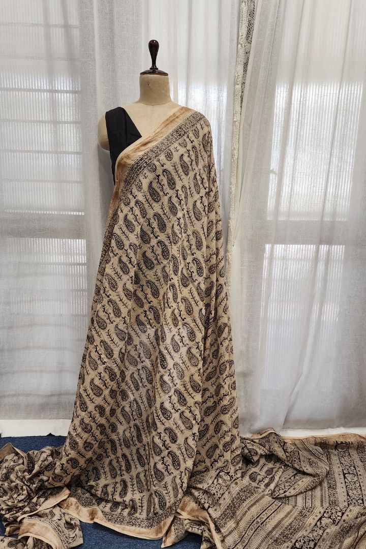Beige Kasavu Saree with Black Handblock Prints