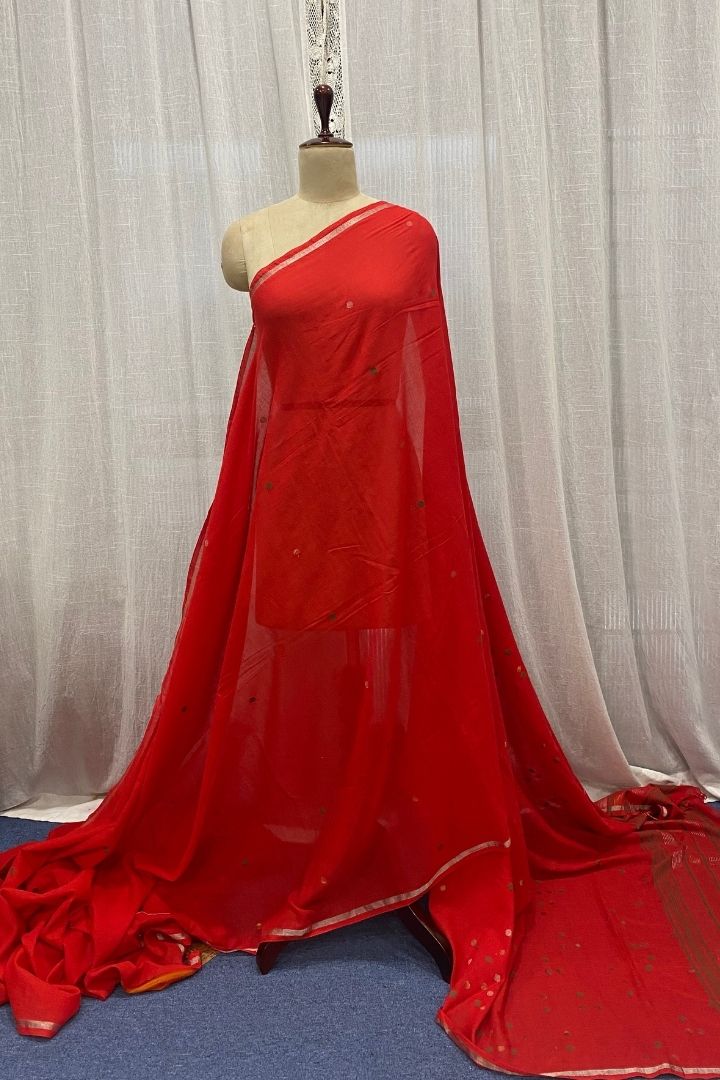 Red Muslin Jamdani Saree with Buttis