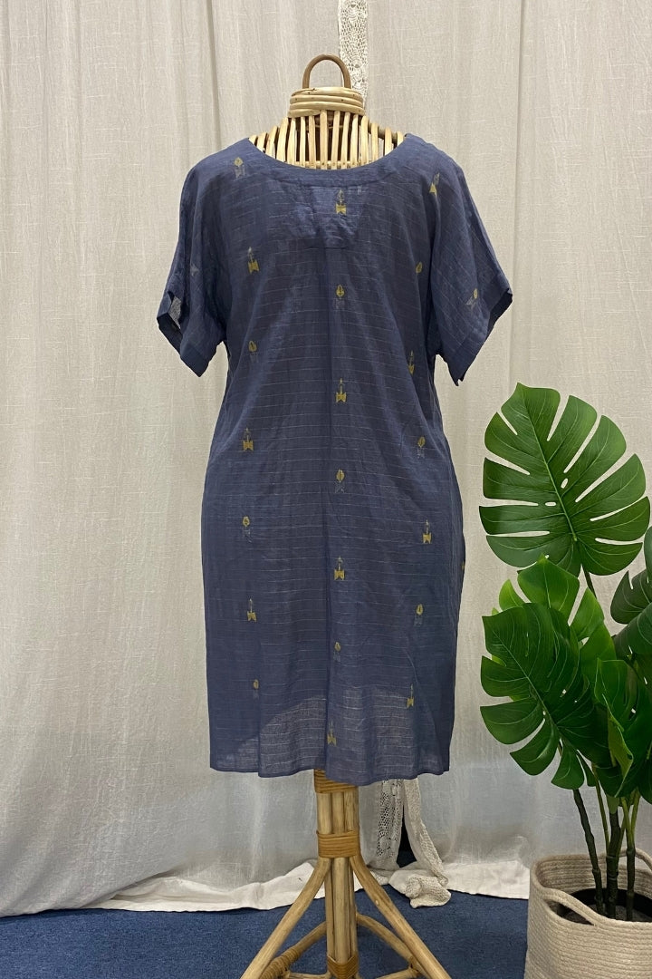 Grey Handwoven Muslin Jamdani V-Neck Dress