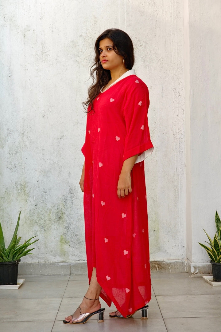 Ruby Red Handwoven Jamdani Heart Motif Asymmetrical Dress