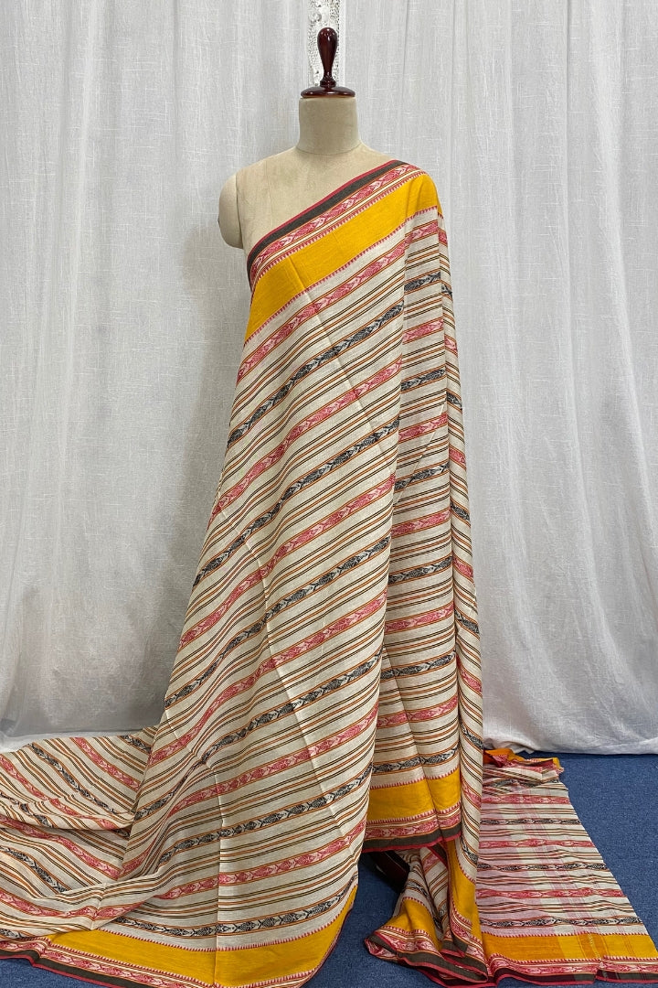 Mustard Border Dhaniakhali Fish Motif Cotton Saree