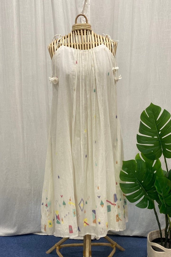 White Jamdani Dress with Multicolour Border and Shoulder Tie Straps