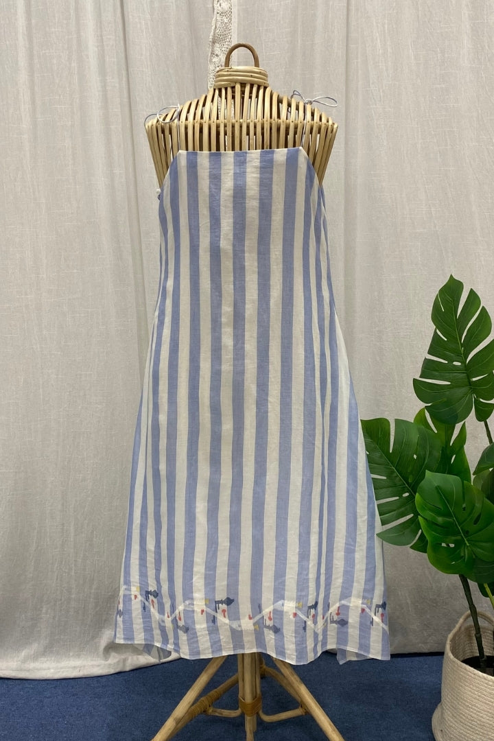 White and Blue Jamdani Dress with Border and Shoulder Tie Straps